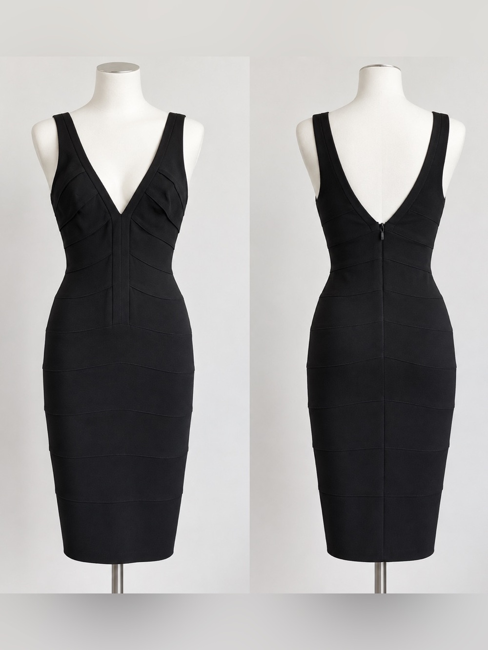 Maria Bianca Nero Classic Black V-Neck Midi Bodycon Dress Sz P